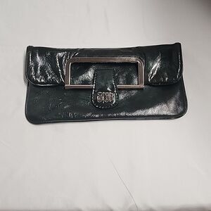 Leonello Borghi Y2K Style Dark Green Fold Over Clutch With Silvertone Hardware